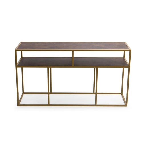 Stalux Side-table 'Teun' 150cm, kleur goud / lederlook bruin